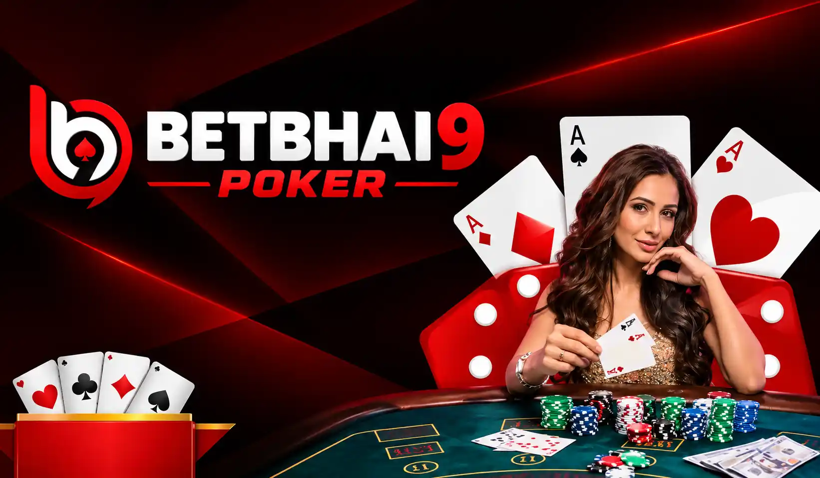 Betbhai9 poker banner featuring playing cards, poker chips, and a casino poker table.